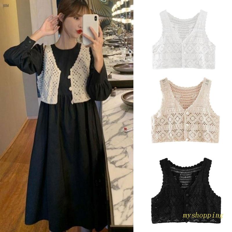 Ivy Áo Tank Top Dệt Kim Ngắn Gọn Nhẹ Khoét Lỗ Hình Học Cài Nút Hình Học Có Nút Áo Khoác Cardiganiga Cho Nữ