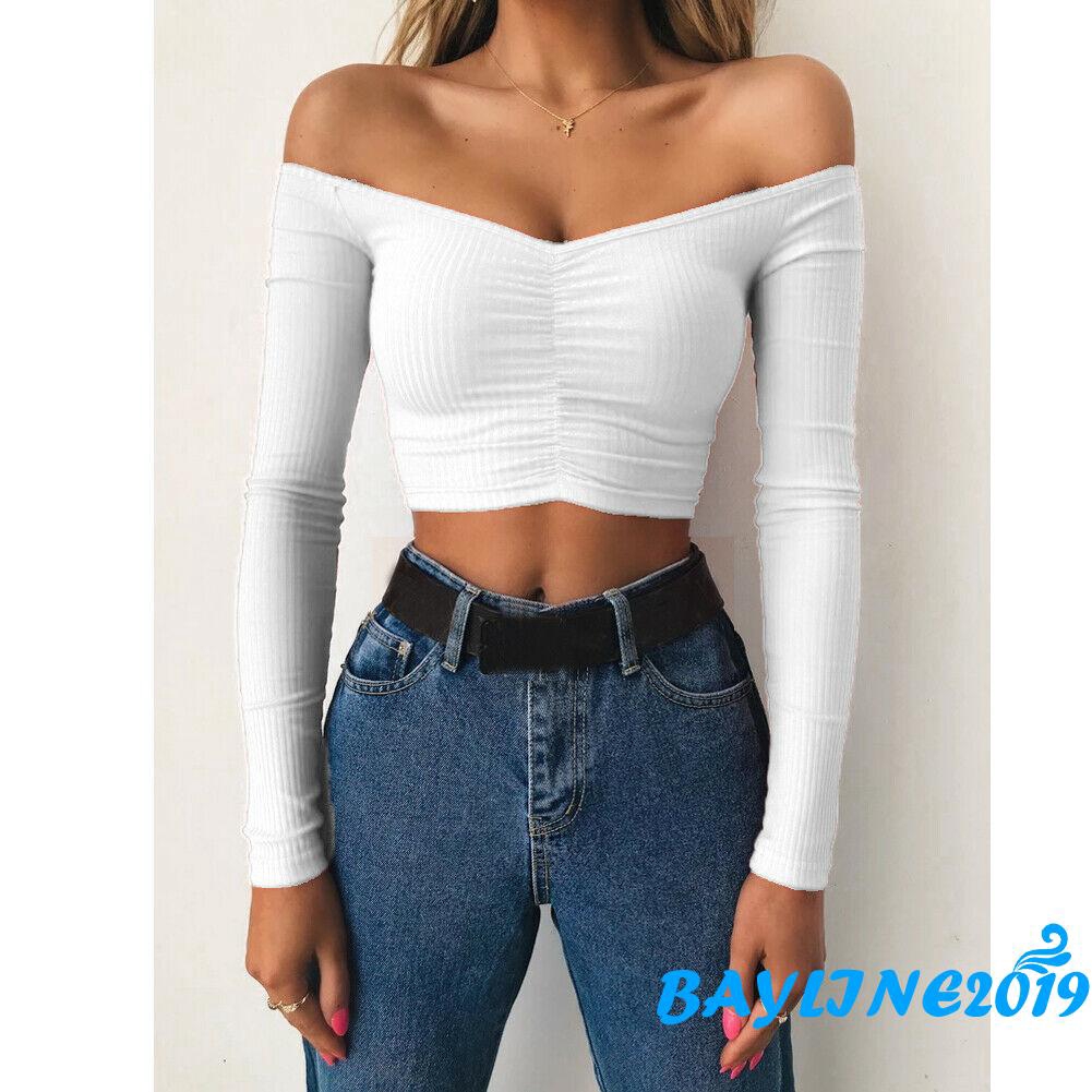 Áo thun crop top lệch vai tay dài giản dị ôm dáng cho nữ | BigBuy360 - bigbuy360.vn