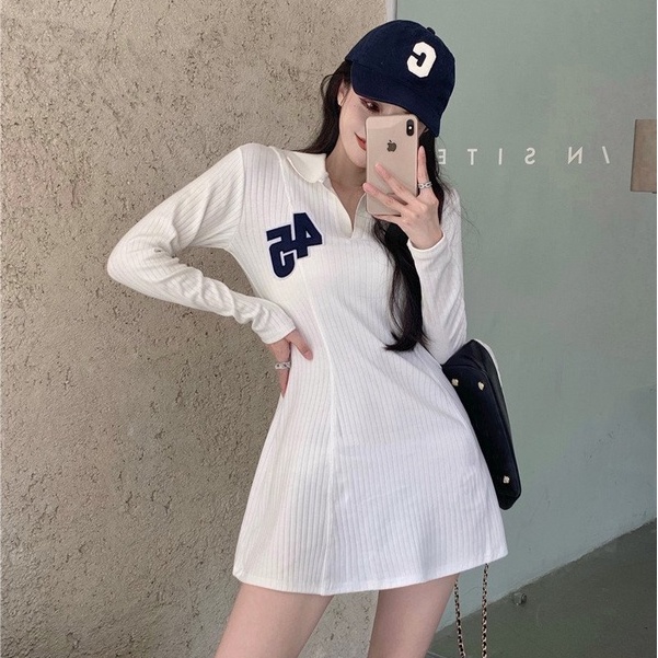 Váy Polo Nữ Thêu Số 45 Chất Thun Tăm Đầm Xoè Cổ Bẻ Sơ Mi Dáng Bassic Sexy Hàn Quốc | BigBuy360 - bigbuy360.vn