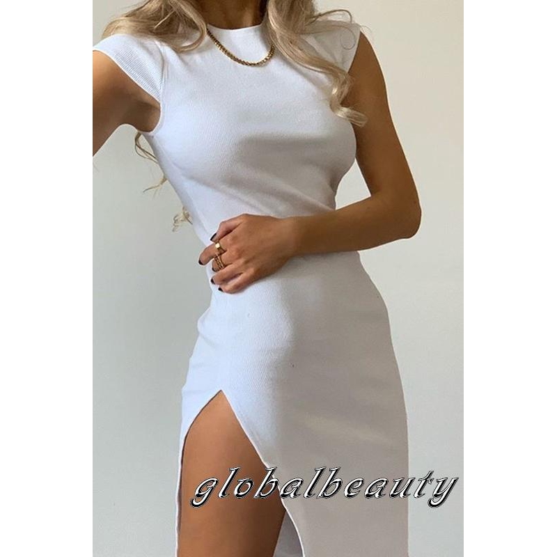 Đầm Sát Nách Cổ Tròn Màu Trơn Thiết Kế Xẻ Quyến Rũ
