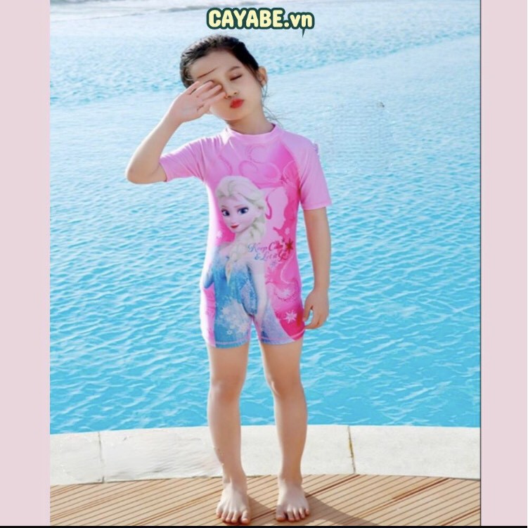 ĐỒ BƠI CHO BÉ GÁI CAYABE LIỀN THÂN CÔNG CHÚA ELSA TAY NGẮN MÀU HỒNG (QUẦN ÁO TRẺ EM)