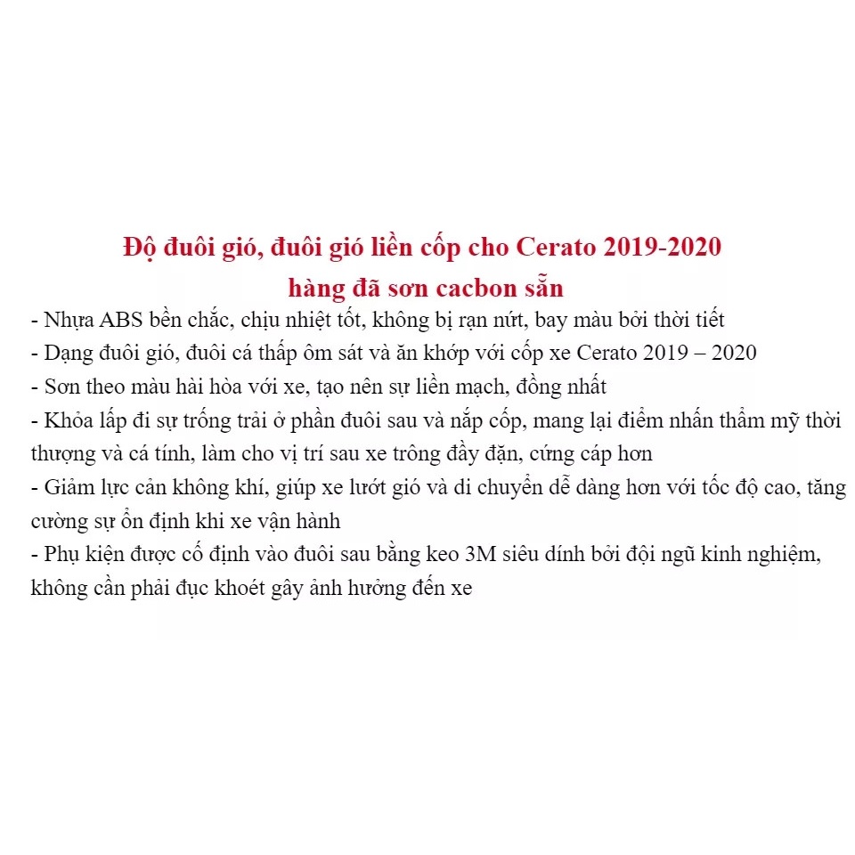 Đuôi gió, đuôi cá liền cốp sơn cacbon Kia Cerato 2019- 2020 Chất liệu Nhựa ABS vân cacbon cao cấp