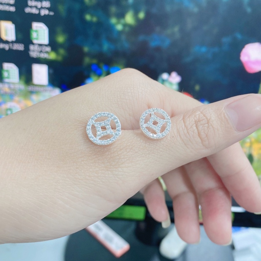 Bông tai kim tiền bạc ta đính đá nhỏ - Trang sức bạc Evasilver