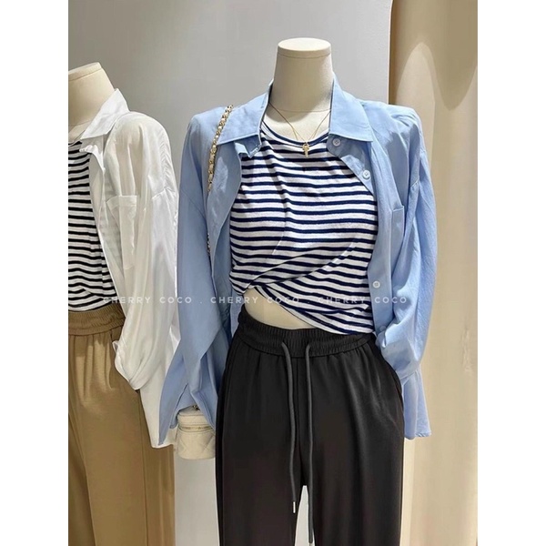 Set sơmi trơn kèm áo ba lỗ kẻ sọc phong cách Hàn Quốc, sơ mi nữ