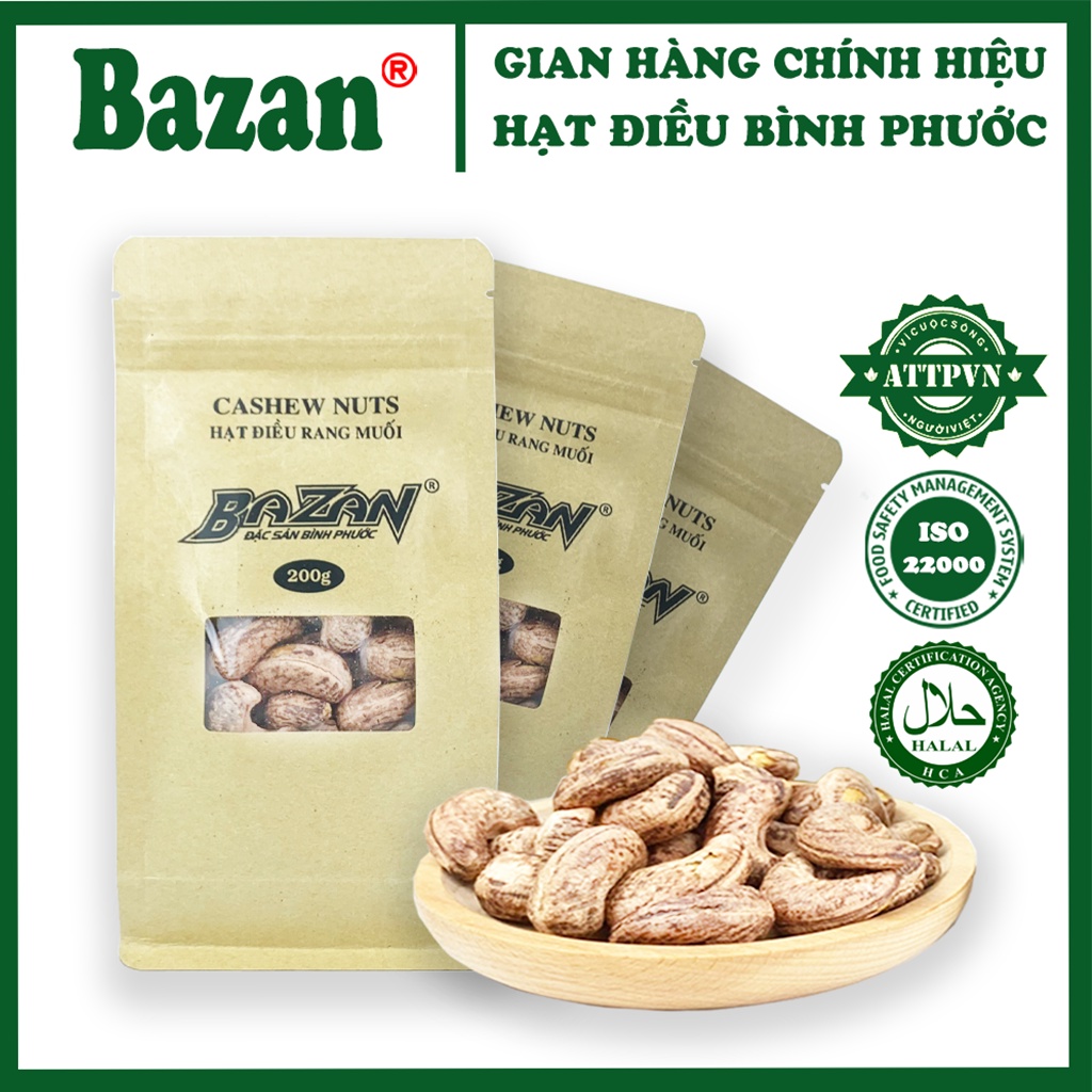 Hạt điều rang muối Bazan Bình Phước nguyên hạt dinh dưỡng A+ loại 1 túi Zip 200g còn vỏ lụa