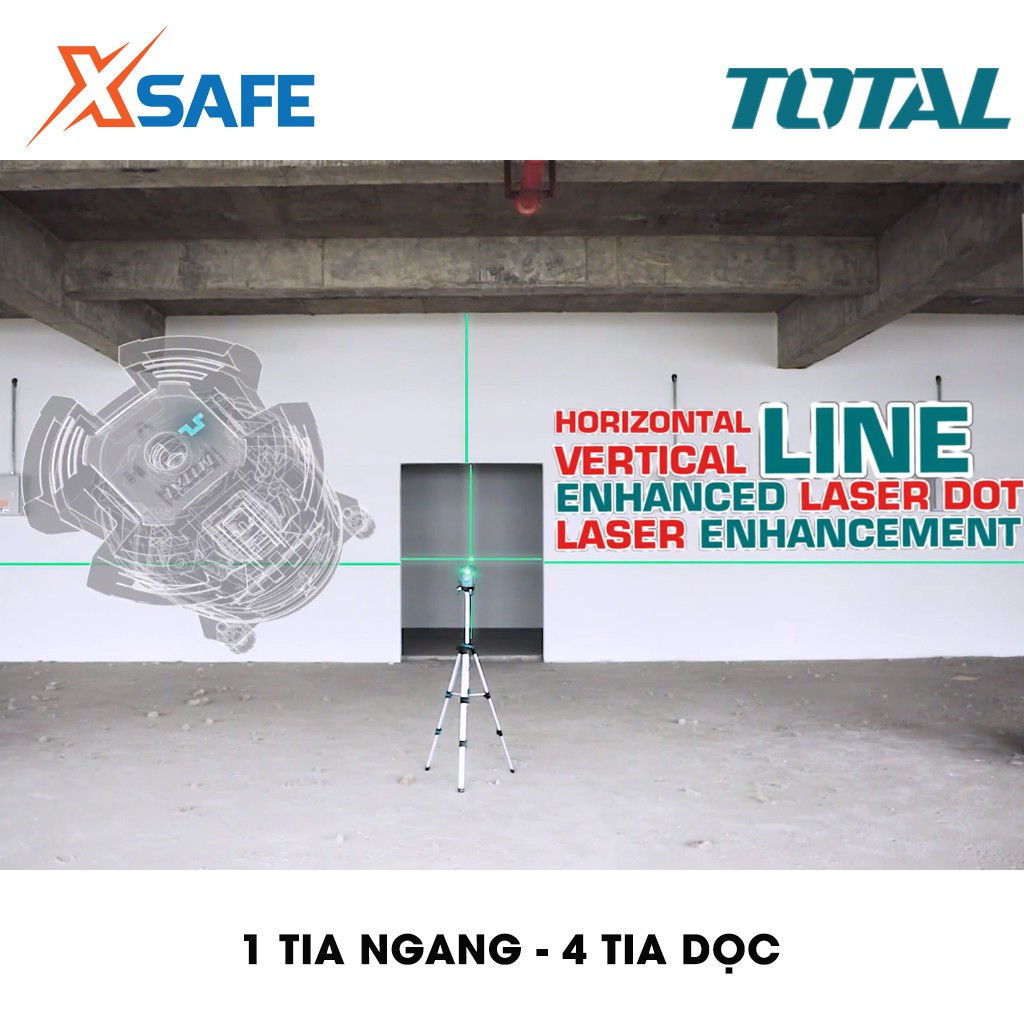 Máy đo mức cân bằng tia lade (tia xanh) TOTAL TLL305205 Phạm vi làm việc 0 ~ 20 m, thước ke góc 1 tia ngang, 4 tia dọc