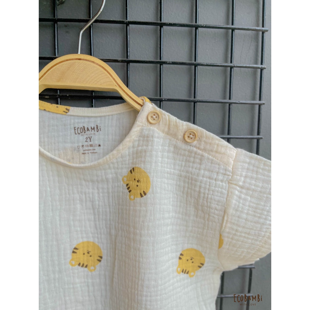 Áo UNISEX cotton Muslin tay ngắn phong cách Hàn Quốc năng động in hoạ tiết cho bé - Ecobambi