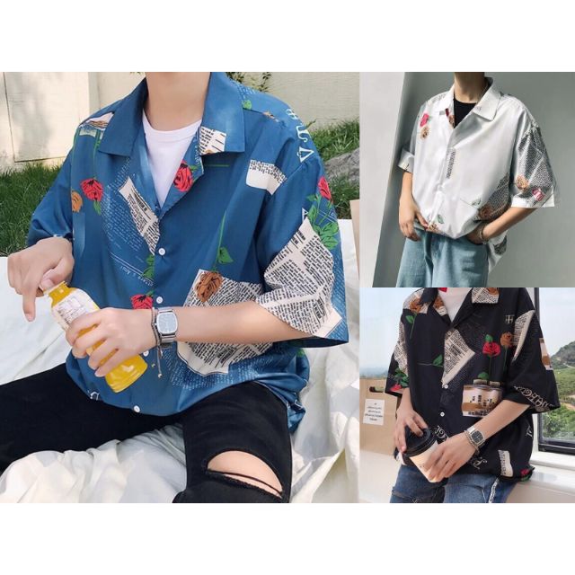 [Kèm ảnh thật] Áo Sơ Mi Lụa Nam Tay Lỡ Họa Tiết Tờ Báo, Bông Hồng In Nổi 3D [Lụa Thái] Hàng Cao Cấp | BigBuy360 - bigbuy360.vn