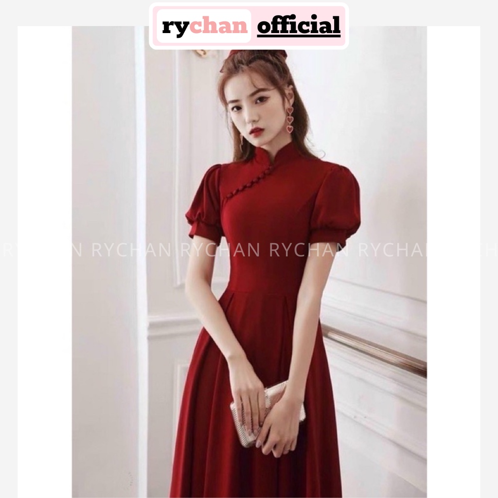 Đầm Midi Đỏ Cổ Tàu Trung Hoa Dáng Dài Siêu Đẹp, Đầm Chụp Hình Ngoại Cảnh - DX555