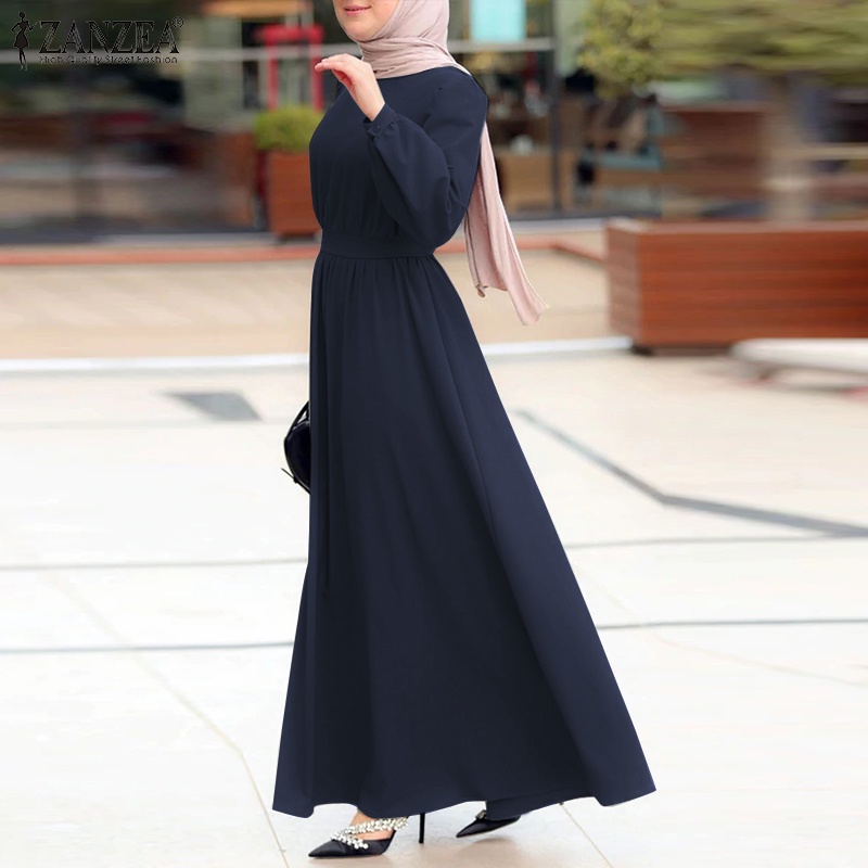 Zanzea Đầm Chữ A Cột Dây Cổ Tròn Màu Trơn Thanh Lịch Đơn Giản Dành Cho Phụ Nữ Hồi Giáo