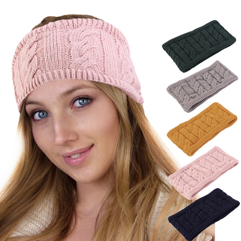Băng Đô Len Đan Dày Hai Lớp Màu Sắc Trơn Giữ Ấm Tai Cho Nữ