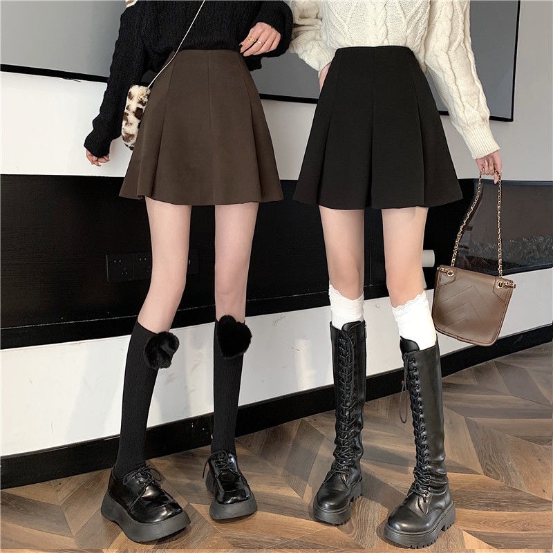 Chân váy len ngắn dáng chữ A màu đen xếp ly thời trang thu đông cho nữ 2021