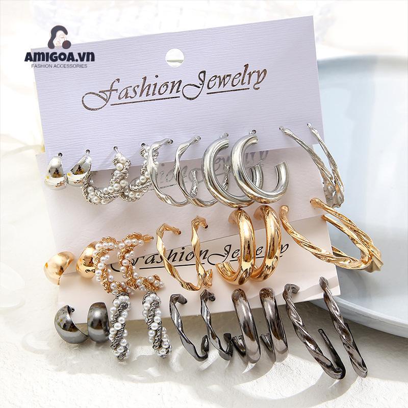 Bộ 5 Đôi Khuyên Tai Kim Loại Đính Ngọc Trai Đơn Giản