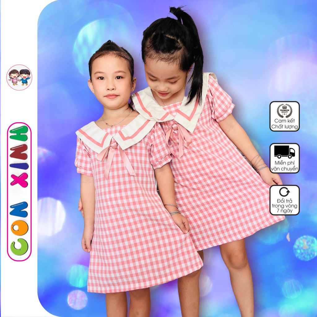 Đầm bé gái Con Xinh dáng chữ A họa tiết caro, đầm váy bé gái cổ Hải quân dành cho bé gái từ 4 đến 10 tuổi