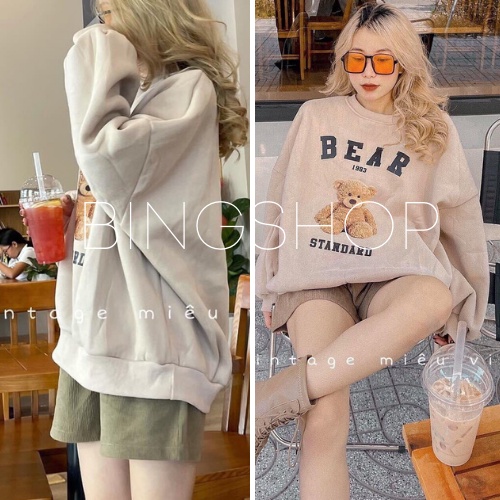 Áo nỉ gấu sweater dài tay lót bông form rộng Bingshop