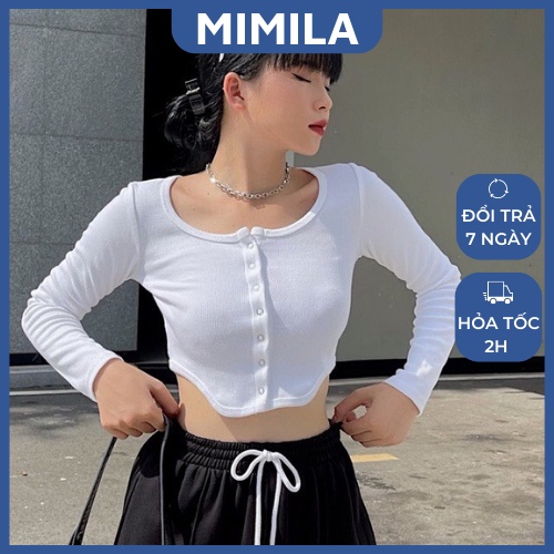 Áo Croptop Dài Tay MIMILA Áo Thun Gân Khoét Eo Phối Cúc Bấm Thời Trang Cá Tính Cho Nữ - MA018