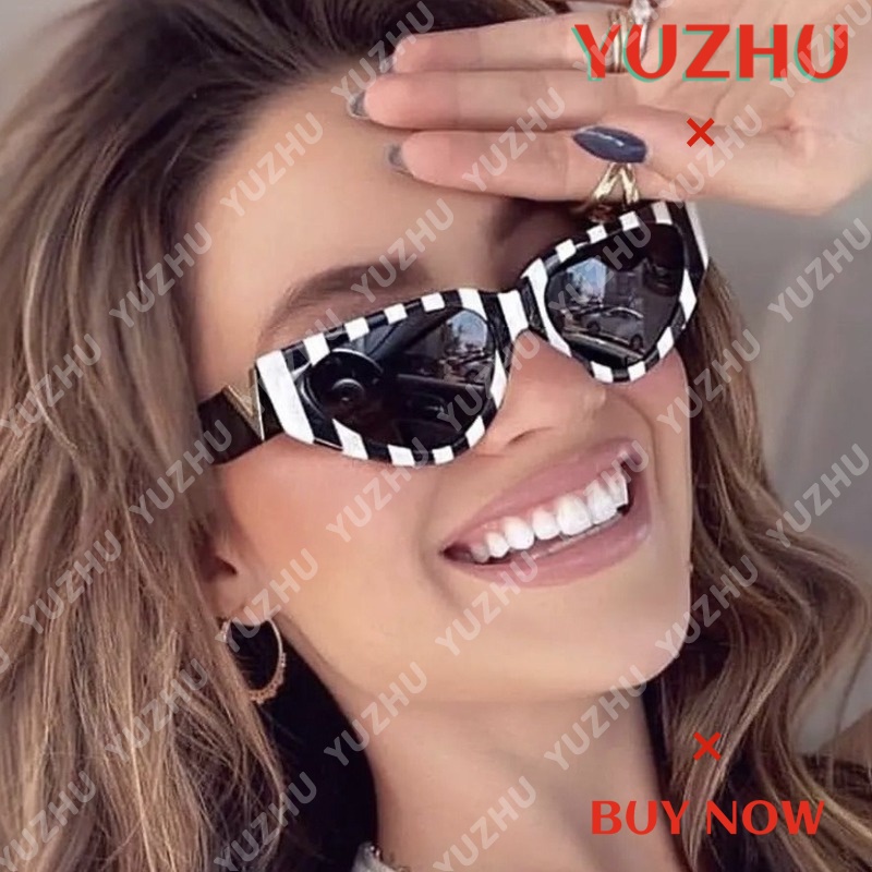 (YUZHU) Kính Mát Mắt Mèo Thời Trang Phương Tây Gọng Nhỏ Thiết Kế Sọc Đen Trắng