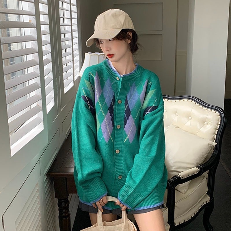 Áo khoác Cardigan dệt kim dáng rộng họa tiết kim cương xanh lá thời trang cho nữ