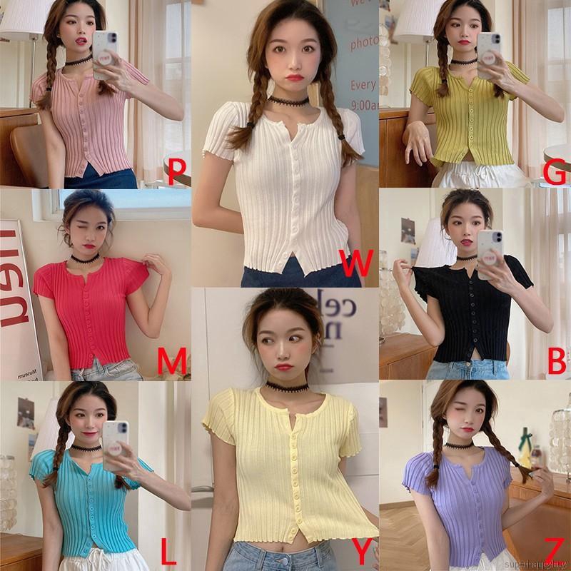 Áo Croptop Dệt Kim Tay Ngắn Màu Trơn Thiết Kế Đơn Giản Hợp Thời Trang