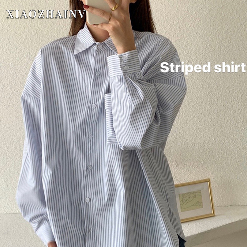 Áo sơ mi tay dài kẻ sọc phong cách cổ điển dễ phối đồ Xiaozhainv