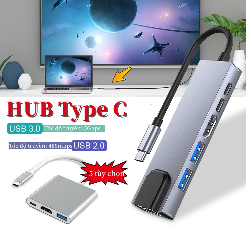 Hub Type C, Cổng chuyển đổi HUB Type-C 8 in 1,USB 3.0, Hợp Kim Nhôm Cao Cấp Tương Thích Các TV / Máy tính / Màn hình