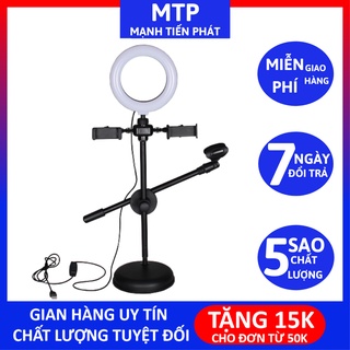 Đèn livestream để bàn 4in1 có chân đỡ micro livestream hai điện thoại - bộ giá đỡ điện thoại livestream