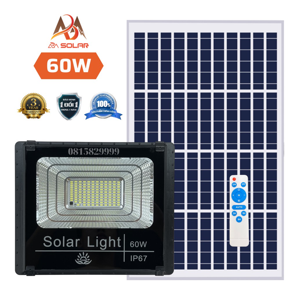 [60W] Đèn Năng Lượng Mặt Trời 60W, Đèn Pha LED, Tấm Pin Rời, Chống Nước , Kính Cường Lực Solar Light VinDa - ABM Solar