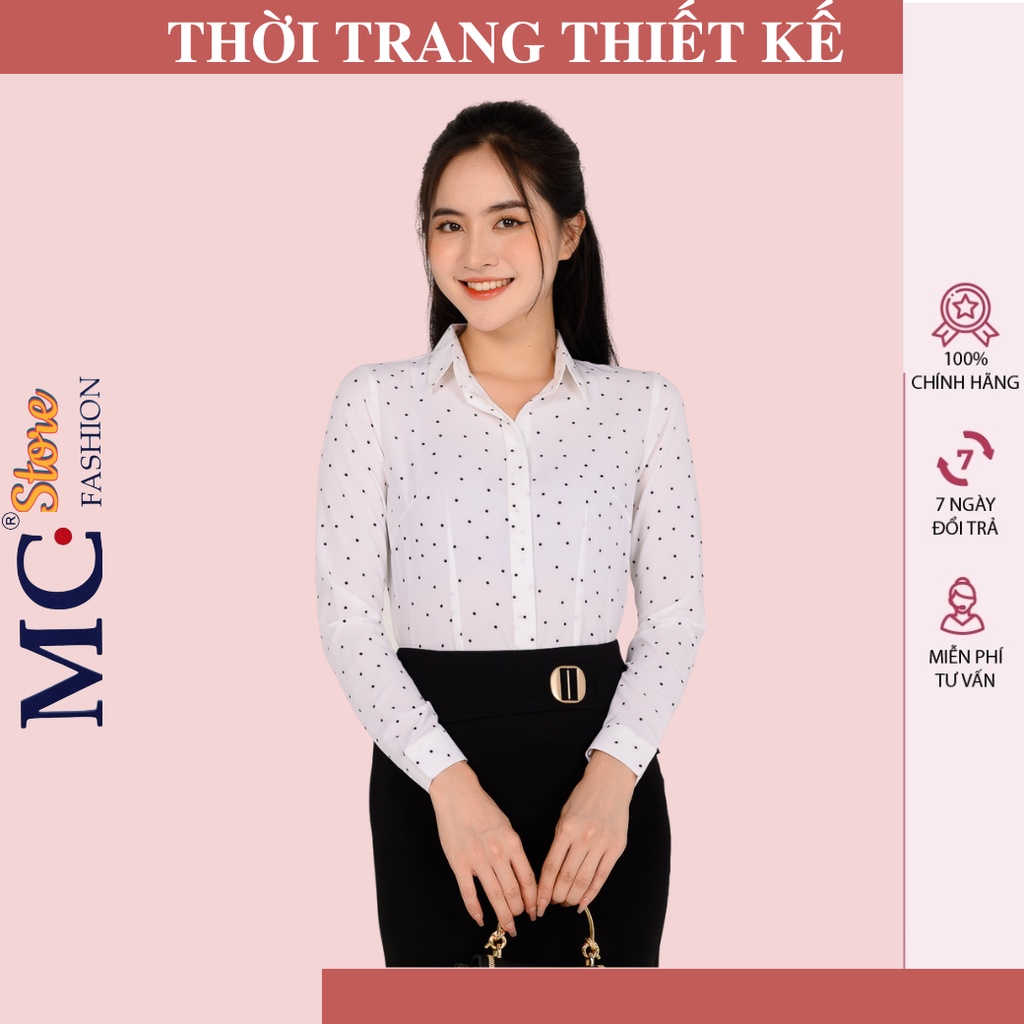 Áo Sơ Mi Nữ Trắng Họa Tiết Chấm Bi Mc Fashion, Có Cổ Đức Bẻ Đẹp, Màu Xanh A0284, Tím Than, Tay Dài