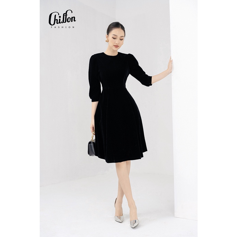 Váy nhung công sở nữ dáng xòe tay bồng thiết kế Chiffon | BigBuy360 - bigbuy360.vn