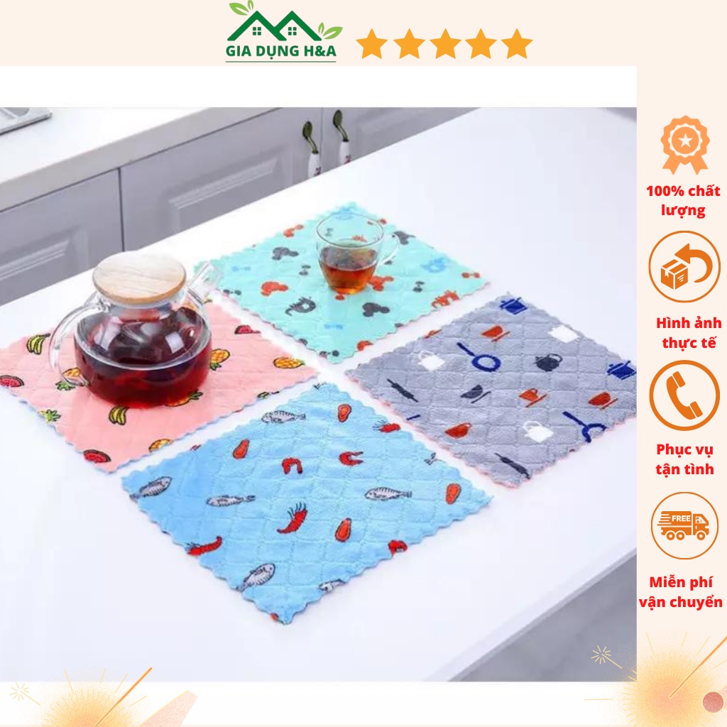 Khăn lau 2 mặt hoạ tiết hoa quả 25x25cm siêu thấm hút nước túi 10 cái - khăn lau lông cừu