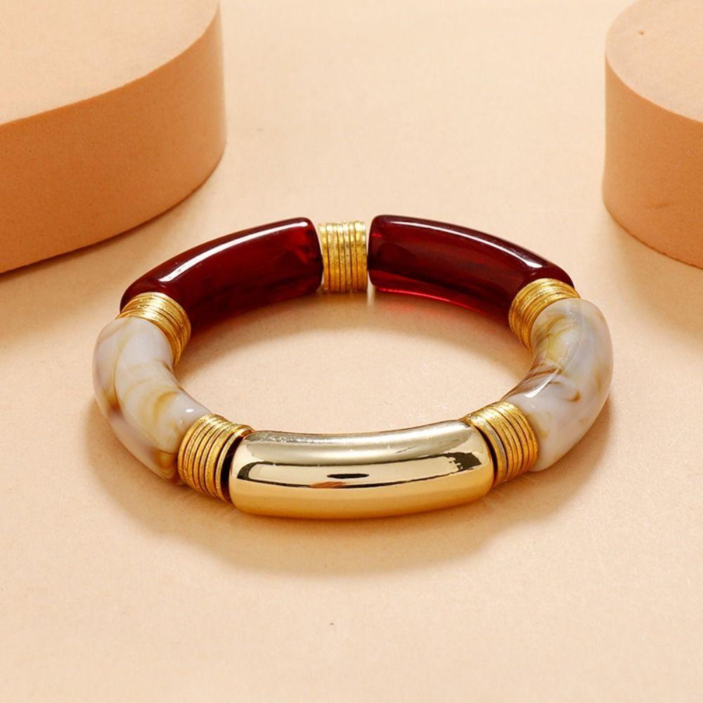 Jeniferdz Vòng Đeo Tay Hạt Tre Ống Cong Họa Tiết Vân Đá Cẩm Thạch Vintage Thời Trang Cho Nữ