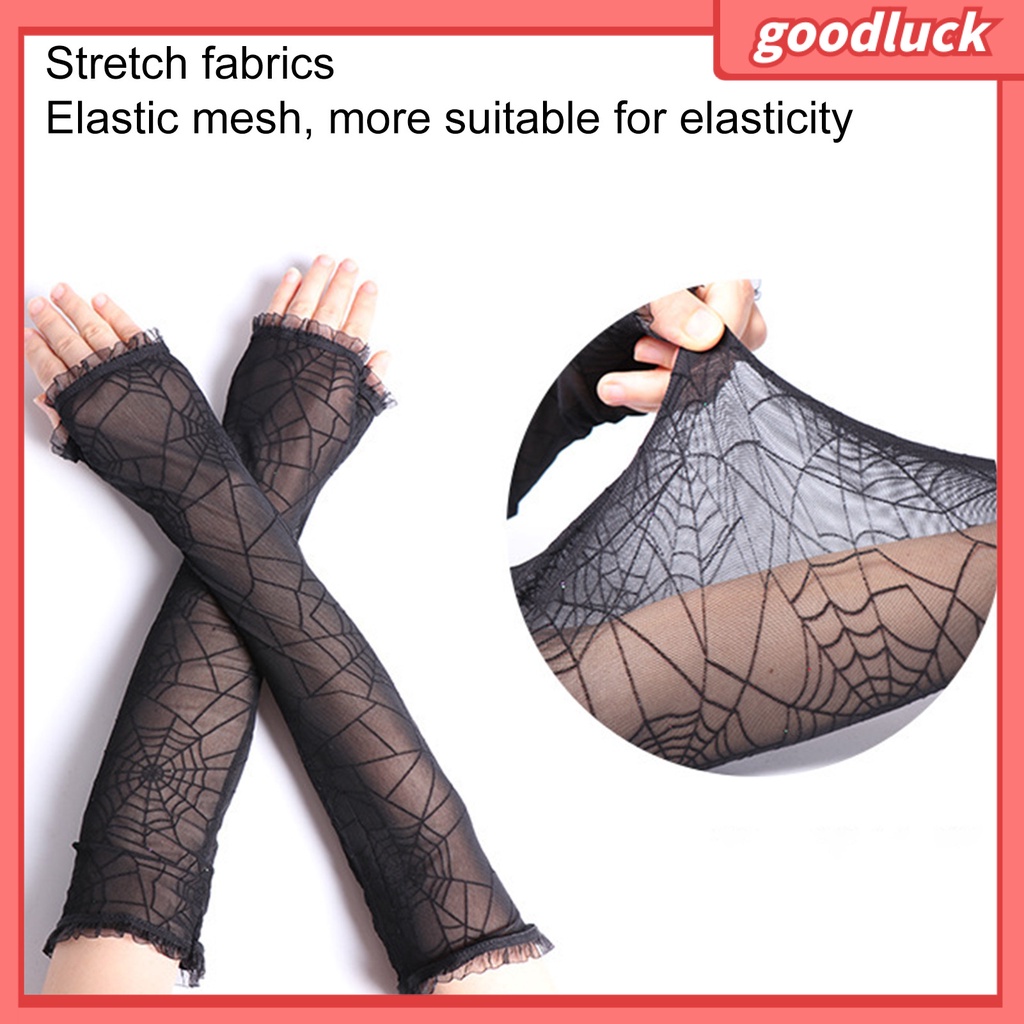 Găng tay hở ngón màu đen họa tiết nhện dùng hóa trang halloween