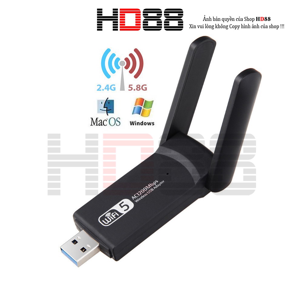 USB Thu Phát Wifi 1200mbps tốc độ cao 2 râu cho máy tính bàn, laptop 2.4 / 5g Usb 3.0 RTL8812BU HD88 - A01