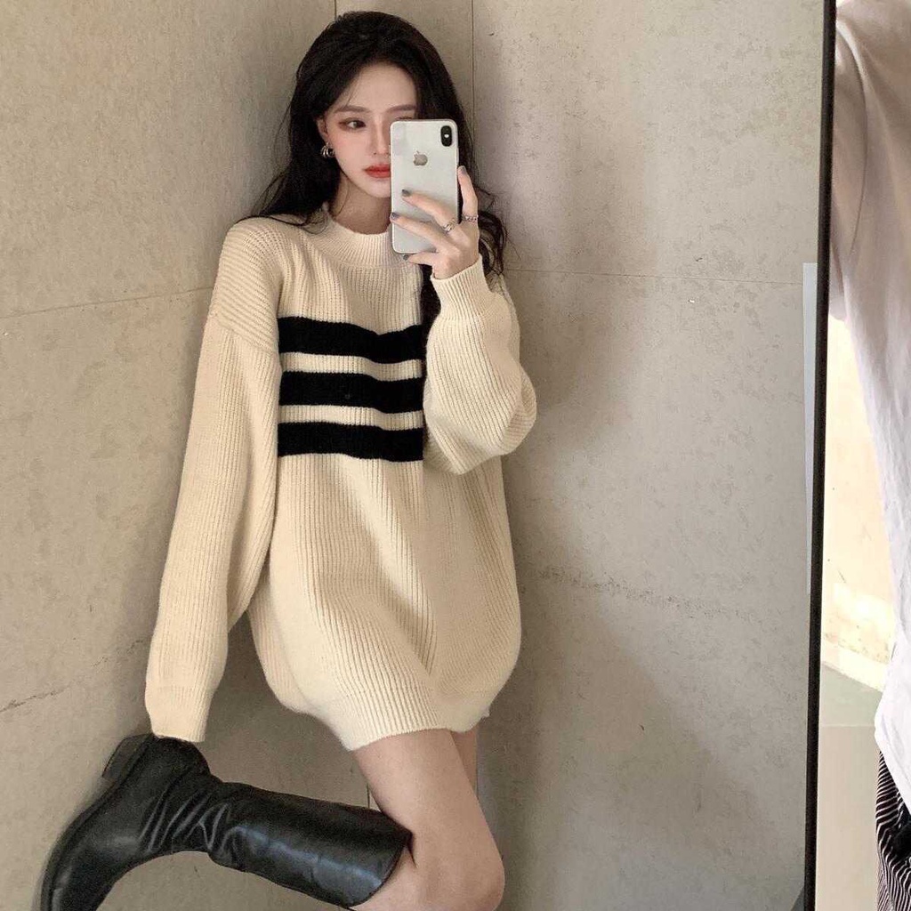 HUANG YOYO Áo croptop Áo len nữ dài tay cổ tròn sọc ngang thời trang Hàn