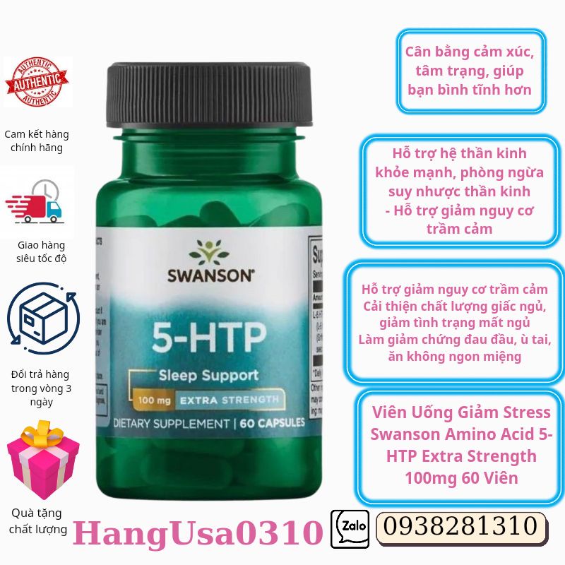 Swanson 5 HTP 100 mg Viên uống giảm căng thẳng, cân bằng tâm trạng 5-HTP 60 viên