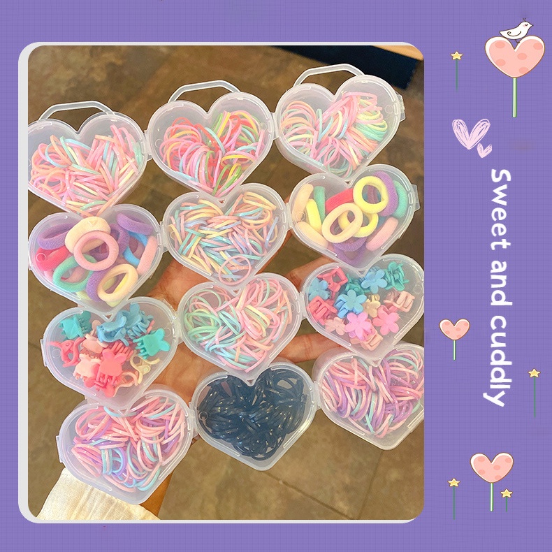 Hộp dây buộc tóc 17KM hình trái tim/ hoa/ quả dâu nhiều màu dành cho trẻ em
