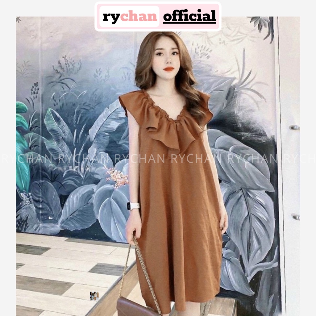 Đầm Suông Midi Cổ V Viền Bèo Không Tay 2 Màu [Ảnh Thật Cuối] - DS0076