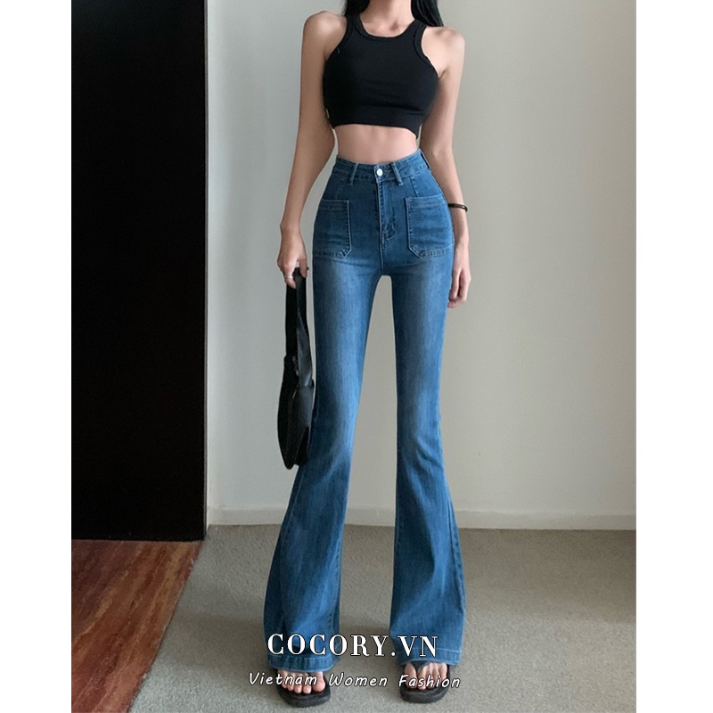 Cocory vn Quần Jeans Nữ Lưng Cao Ống Loe Thời Trang