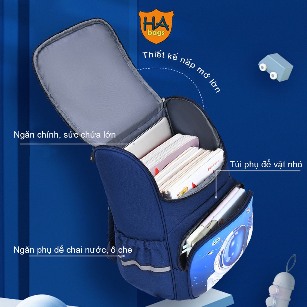 Balo đi học chống gù HA1009, cặp siêu nhẹ cho học sinh tiểu học, kích thước 38x28x16cm