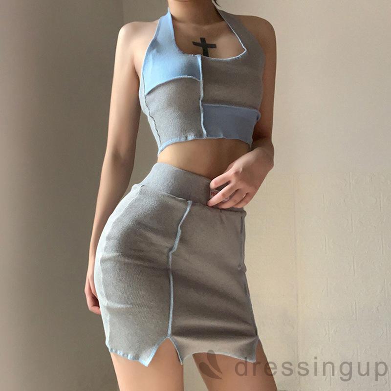 Set Áo Croptop Không Tay + Chân Váy Ngắn Thời Trang Quyến Rũ Dành Cho Nữ