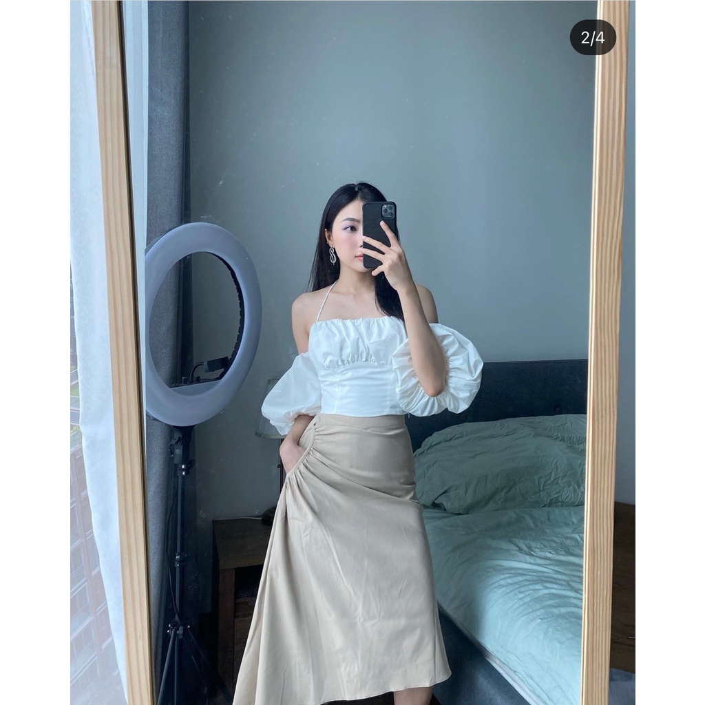 SET ÁO TRẮNG DÂY CỘT ĐEO CỔ YẾM RỚT TRỄ BẸT HỞ VAI TAY LỠ NGẮN BỒNG CROPTOP + CHÂN VÁY DÀI LƯNG CAO NÂU NUDE NHÍU HÔNG