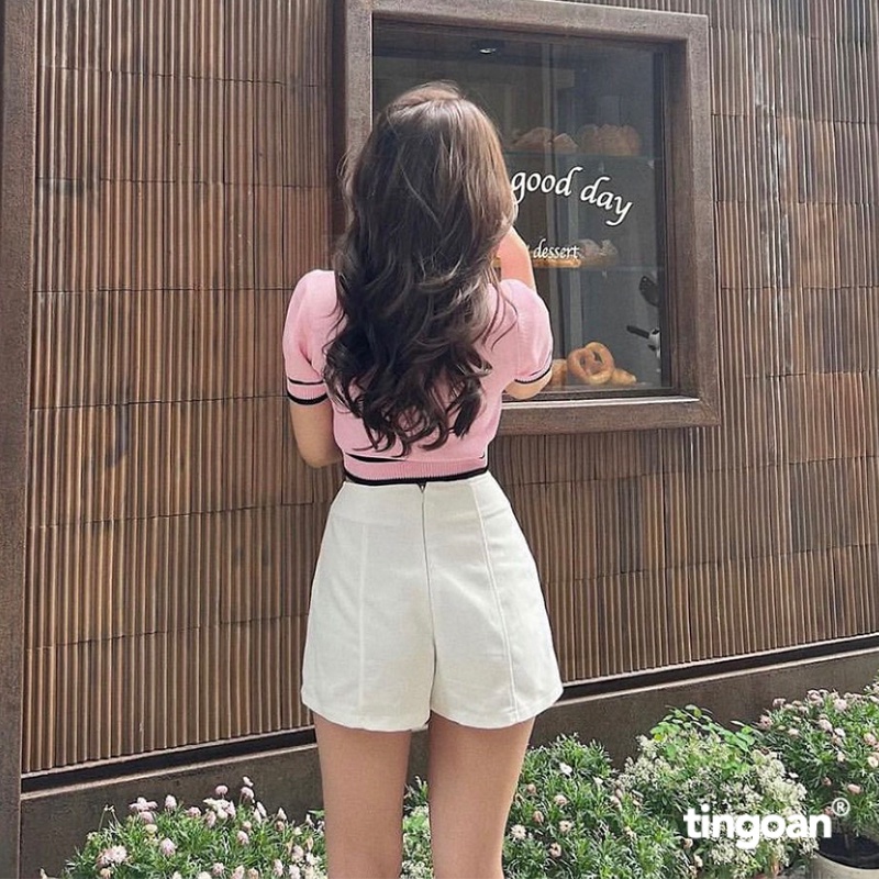 TINGOAN® - Áo len ngắn tay viền đen chống nhăn hồng ALISSA TOP/PK
