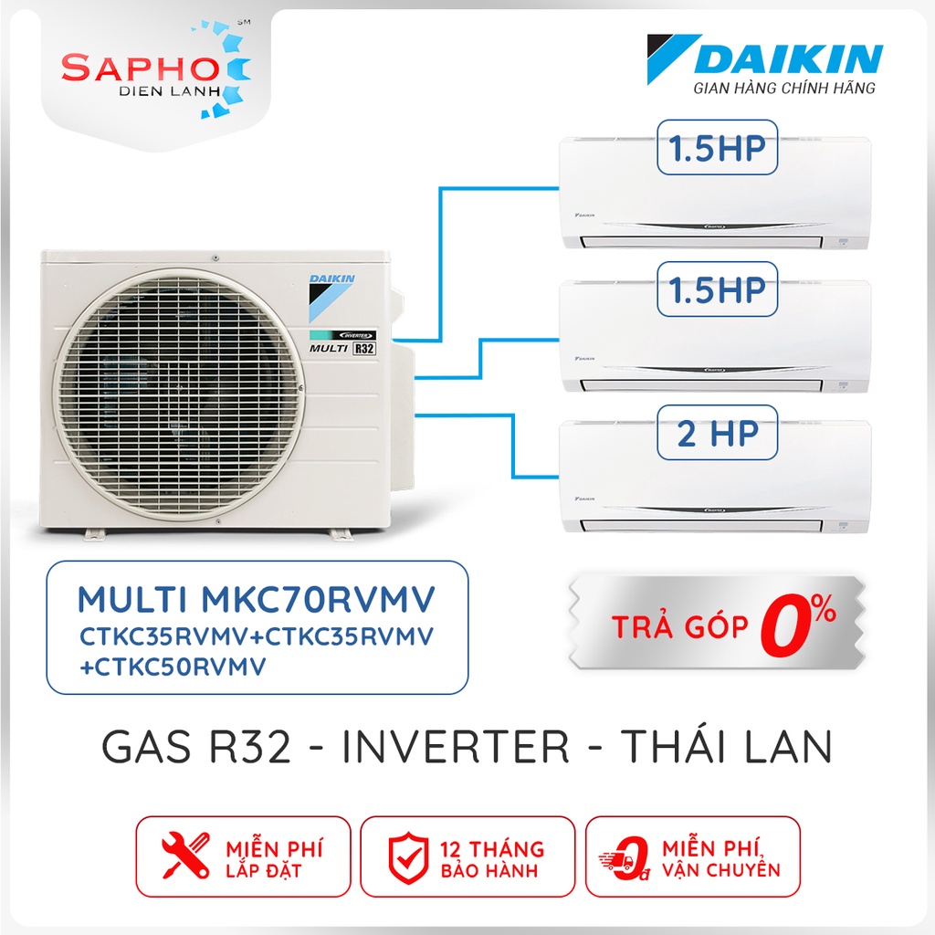 Máy lạnh Daikin Multi S Combo MKC70/1.5HP+1.5HP+2.0HP Inverter Gas R32 Model 2021 Thái Lan Chính Hãn