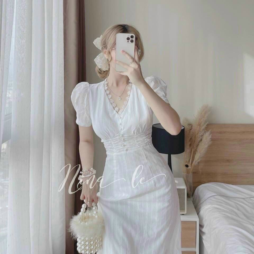 Váy Trắng Tiểu Thư Dáng Dài Đi Tiệc Đi  Chơi Đầm Trắng Cổ V Viền Ren Sang Chảnh Tôn Dáng Phối Ngọc
