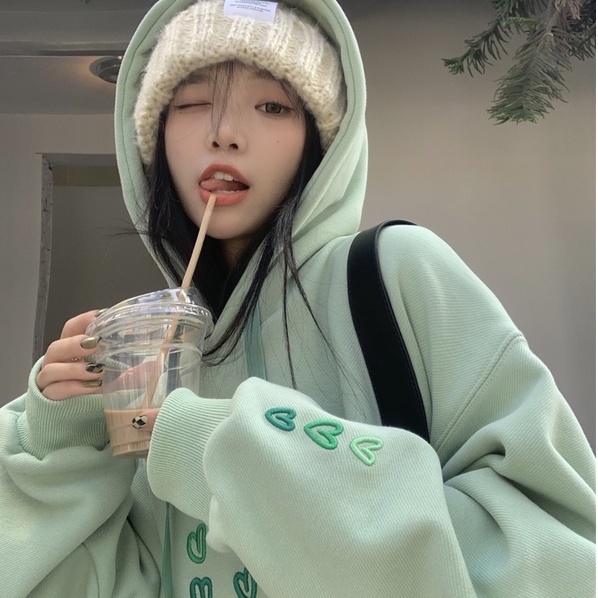 Áo hoodie ZHELIHANGFEI tay dài thêu họa tiết trái tim phong cách Nhật Bản ngọt ngào cho nữ