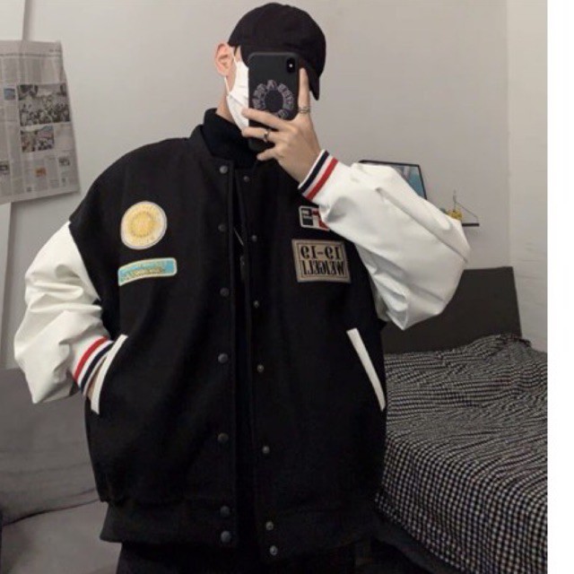 [CÓ CLIP ÁO]  ÁO BOMBER- ÁO VARSITY TAY DA MÀU ĐEN CHẤT DẠ ÉP | BigBuy360 - bigbuy360.vn