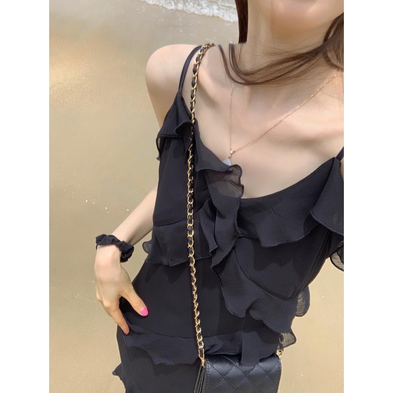 Đầm Dài Hai Dây Màu Đen Phối Bèo Thời Trang Quyến Rũ Cho Nữ