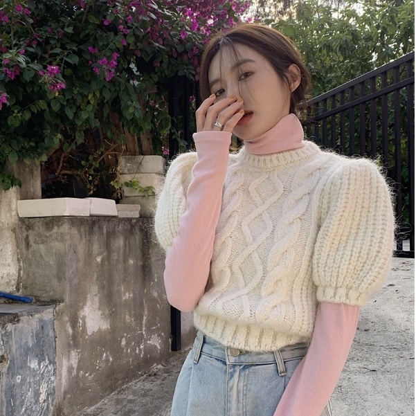 Áo sweater tay phồng ngắn cổ cao thiết kế xoắn thời trang cho nữ