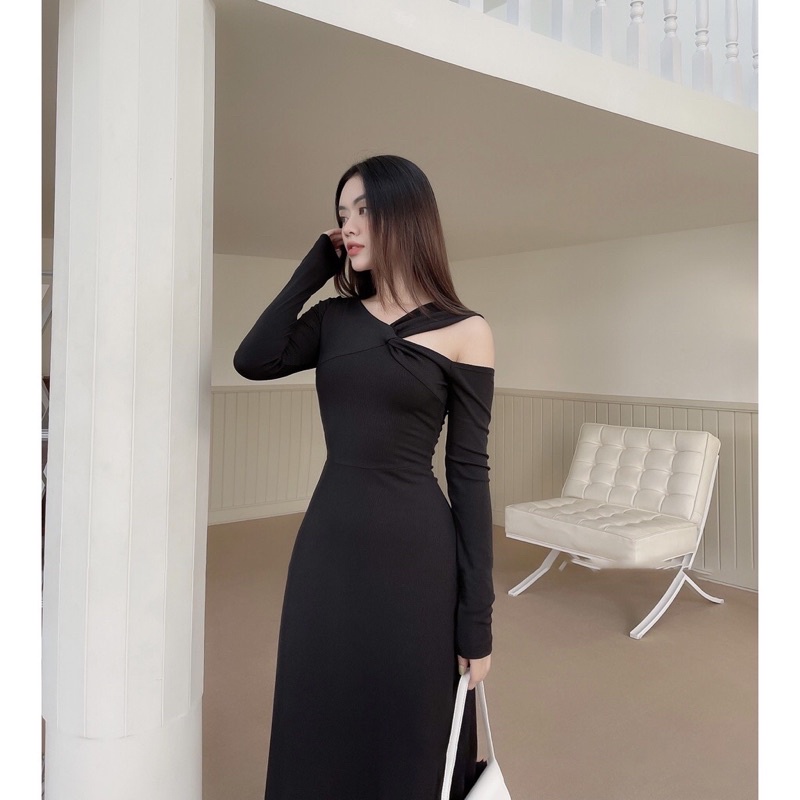 Đầm Xòe Tay Dài Thun Gân Xoắn  Lệch Vai Sexy Tôn Dáng Đi Tiệc Sang Trọng Màu Đen