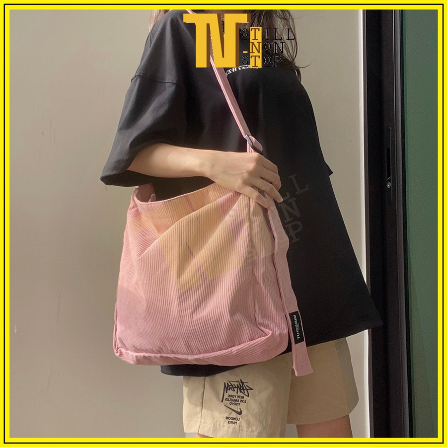 Túi tote đeo chéo đeo vai vải nhung trơn 2 màu hồng kem để laptop đi học đi chơi - XUONGMAITNT